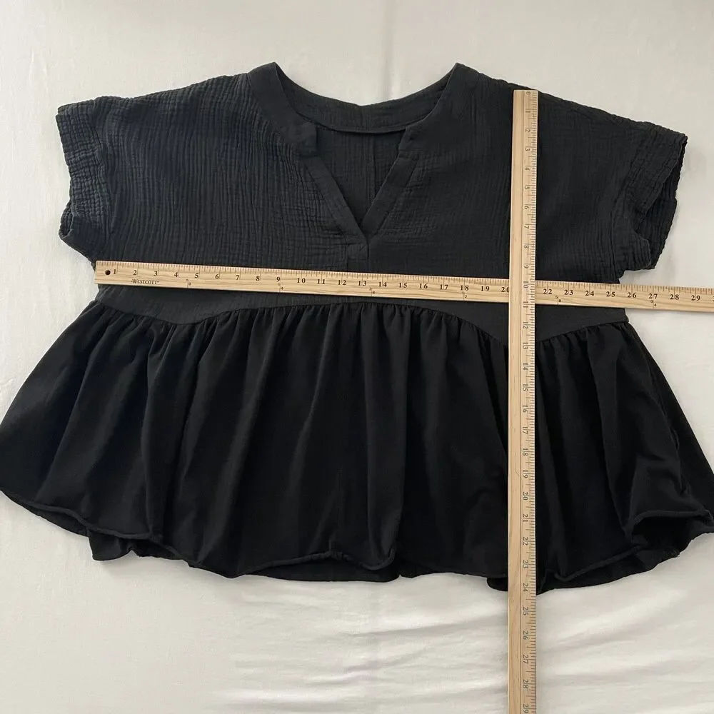 Womens Black Textured Gauze Peplum Blouse Short Sleeve Est Size XXL